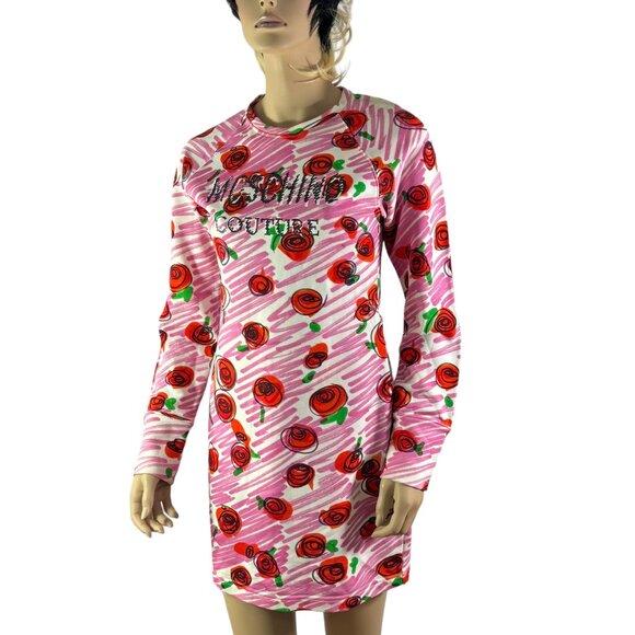 MOSCHINO Fuchsia Cotton Rose Print Women's Short Dress Made in Italy Marked as 8 - Picture 1 of 13